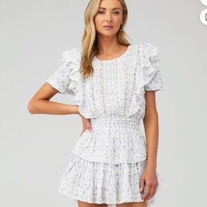 LoveShack Fancy Natasha Mini Dress - Floral Ruffle - Floral Blue & White - Med